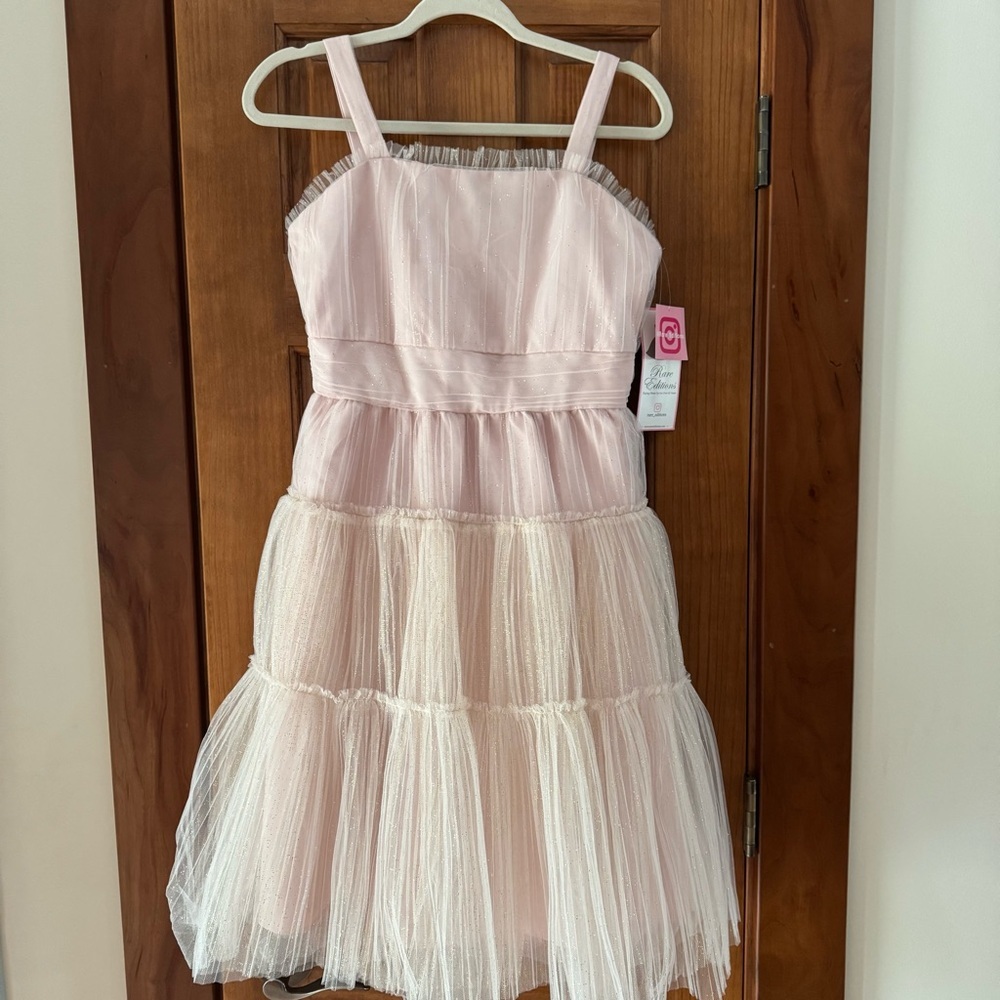 Rare Editions Dress Girls Size 16 Blush Pink Gold Shimmer Overlay Tiered Skirt